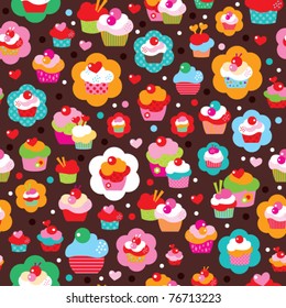 Seamless Cute Cup Cake Background Pattern In Vector