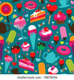 Seamless cute cup cake candy and tea pot background pattern in vector