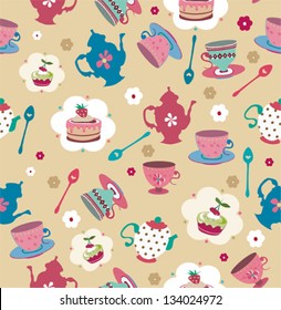 Seamless cute cup cake and tea pot background pattern in vector