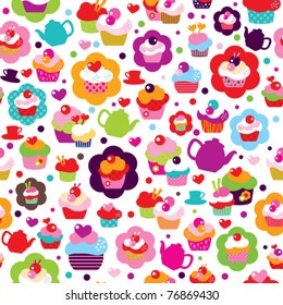 Seamless Cute Cup Cake And Tea Pot Background Pattern In Vector