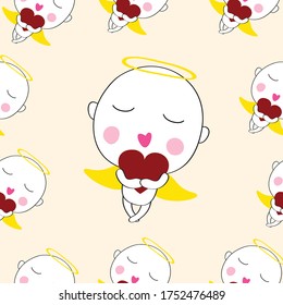 Seamless Cute Cupid With Red Heart   Cartoon Pattern   Design For Art And Print Vector Eps.10