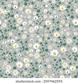 Seamless cute daisies and colorful flowers pattern grey background