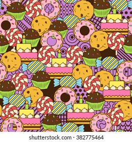 Seamless cute delicious sweets doodle pattern. It includes yummy deserts with icing and cream, donut, cake, candy, etc.