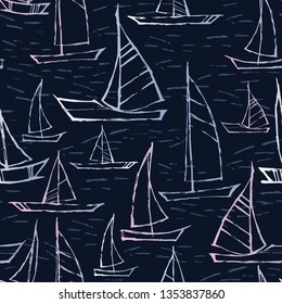 Seamless cute design with boats sailing in the wavy sea.