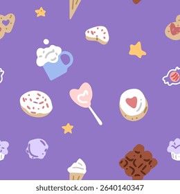 Seamless Cute Dessert Sweets Pattern. Seamless pattern with donuts, cookies, cupcakes, candy, and drinks in cute cartoon style. Bright pastel colors, isolated on purple background.

