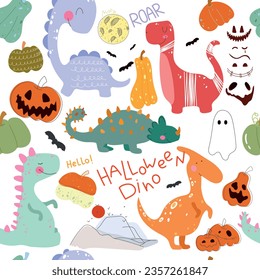 Seamless cute dino pattern with pumpkins and buts for halloween. Words :Halloween Dino, ROAR, hello. Vector illustration, kids pattern.