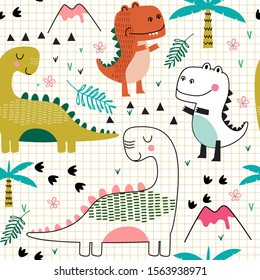 Seamless cute dino with scandinavian style, vector illustration