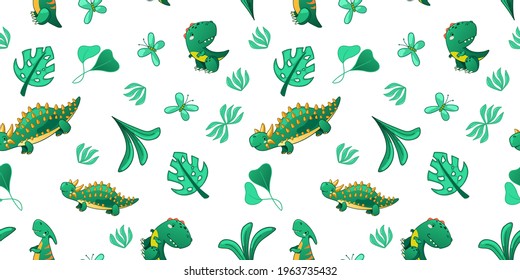 Seamless cute dinosaur pattern. Colorful dino background for kids. Childish vector design for textile and packaging, nursery wallpaper