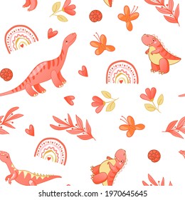 Seamless cute dinosaur pattern. Colorful dino background for kids. Childish vector design for textile and packaging, nursery wallpaper