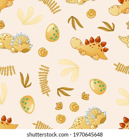 Seamless cute dinosaur pattern. Colorful dino background for kids. Childish vector design for textile and packaging, nursery wallpaper