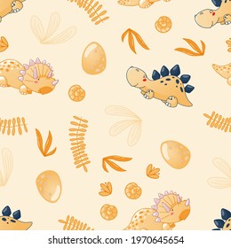 Seamless cute dinosaur pattern. Colorful dino background for kids. Childish vector design for textile and packaging, nursery wallpaper