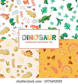 Seamless cute dinosaur pattern. Colorful dino background for kids. Childish vector design for textile and packaging, nursery wallpaper