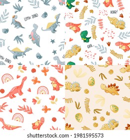 Seamless cute dinosaur pattern. Colorful dino background for kids. Childish vector design for textile and packaging, nursery wallpaper