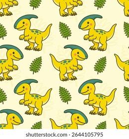 Padrão de dinossauro bonito sem costura com desenho animado amarelo Parasaurolophus e folhas tropicais verdes em um fundo claro