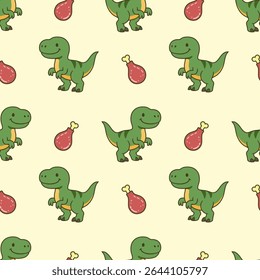 Seamless cute dinosaur pattern featuring cartoon green T-Rex and meat drumstick elements on a light background
