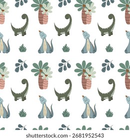 Seamless Cute Dinosaur Pattern with Palm Trees