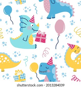 Seamless cute dinosaurs pattern with gift and balloons. Happy Birthday pattern on white background. Dinosaur party birthday celebration vector doodle hand drawn