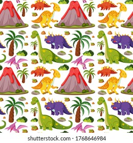 Seamless cute dinosaurs and volcano isolated on white background illustration
