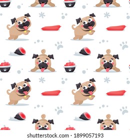 Seamless cute dog pattern with pugs, pet, puppy,  woof, dog food, chicken leg, meat, sausages, paw