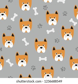 Seamless cute dog pattern. Vector background with bulldogs, paws and bones.