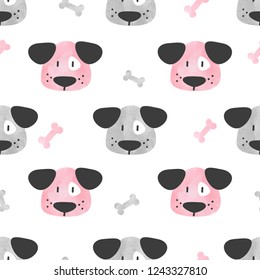 Seamless cute dog pattern. Vector background with watercolor puppy and bones.