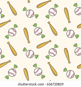 Seamless cute doodle baseball with green wings pattern