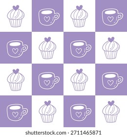Patrón de Doodle lindo sin costuras con cupcakes y tazas de corazón en estilo pastel