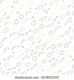 Nahtloses süßes Doodle-Muster mit Herzen Sterne Wolken und Regenbogen auf weißem Hintergrund