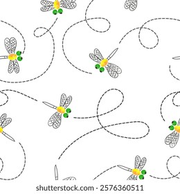 Seamless cute dragonfly pattern. Vector doodle baby print