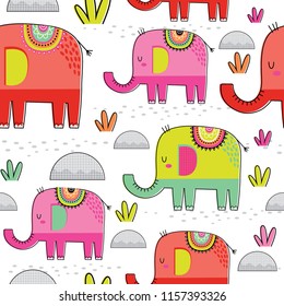 Seamless cute elephant with colorful design. suitable for decorative background pattern. vector illustration