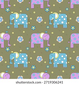 Patrón lindo inconsútil del elefante con estilo juguetón de la historieta y colores pastel. Ilustración repetitiva con elefantes decorativos y Elementos florales sobre un fondo suave. Ideal para la tela de los niños, el diseño del vivero, las impresiones textiles, el papel de embalaje, los Fondos de pantalla, los efectos de escritorio, y los patrones superficiales favorables para los niños.