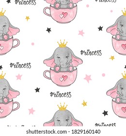 Seamless cute elephant princess pattern. Baby print, kids textile design