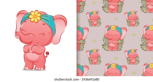 The seamless of cute elephant Is standing with a very happy face of illustration