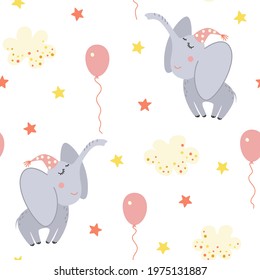 Seamless  with cute elephants, balloons, clouds on a white background. Cartoon baby pattern. Good night.