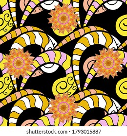 Seamless Cute fabric pattern. Abstract doodles pattern. - stock. Yellow, black and white on colors. Nice background. Vector illustration.