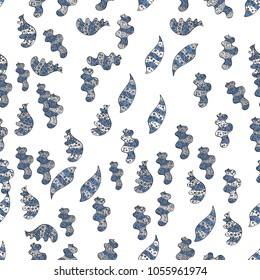 Seamless Cute fabric pattern. It can be used on mug prints, baby apparels, wallpaper, wrapping boxes etc. Abstract doodles pattern. Vector illustration. Pattern white, blue and gray on colors. - stock