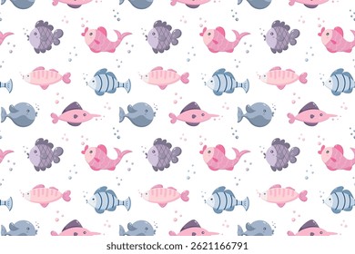 Seamless cute fairytale fish pattern, pastel colors. Ideal for children’s textiles, nursery decor, wrapping paper, and magical underwater themed designs