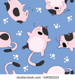 Seamless Cute fat cat is sleeping, vector cartoon