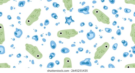 Seamless Cute Fish Bubble Pattern. Playful seamless pattern with light green cartoon fish, blue water droplets and bubbles, scattered on white. Flat style, underwater theme in pastel tones.
