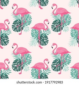 Seamless cute flamingo illustration pattern with tropical monstera and palm leaves for girl and kids swimwear fabric