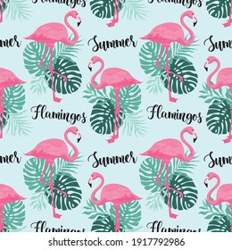 Seamless cute flamingo illustration pattern with tropical monstera and palm leaves for girl and kids swimwear fabric