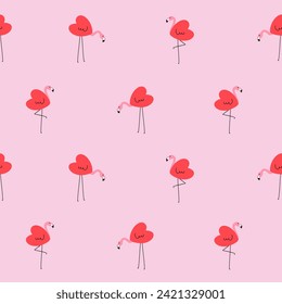 Seamless Cute flamingo print in heart shape. Cute trendy design. Vector funky illustration. Animal pattern for kids textile, nursery decor, fabric, wrapping paper, vector.