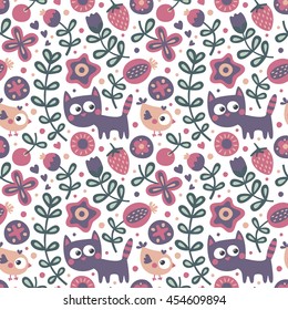 Seamless cute floral and animal pattern with cat, bird, flowers, plants, leaf, berry