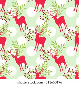 Seamless cute floral Christmas deer pattern with polka dot background