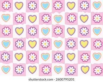 Seamless Cute Floral and Heart Pattern – Romantic Aesthetic, Vintage Retro Design, Pastel Colors, Valentine’s Day Background,Textile Print