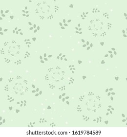 Seamless cute floral patter. Pastel green pattern with leaves and hearts