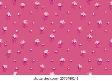 Seamless cute floral pattern with abstract tiny rose, buds. Vector hand drawn sketch ditsy flowers print on a pink background. Minimalist ornament for  fabric, surface designs, children textiles, 