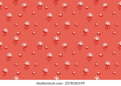 Seamless cute floral pattern with abstract tiny rose, buds on a orange background. Vector hand drawn sketch ditsy flowers print. Minimalist ornament for fabric, surface designs, children textiles, 