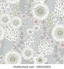 Seamless cute floral pattern with big and little flowers, tender pastel colors. Vector monochrome illustration in vintage style on gray background. Ditsy print.