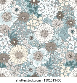 Seamless cute floral pattern with big and little flowers, tender pastel colors. Vector illustration in vintage style on turquoise background. 